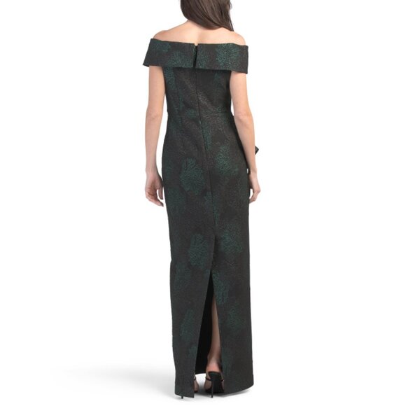 TERI JON Green/Black Ruffle Front Off The Shoulder Gown - Picture 2 of 2